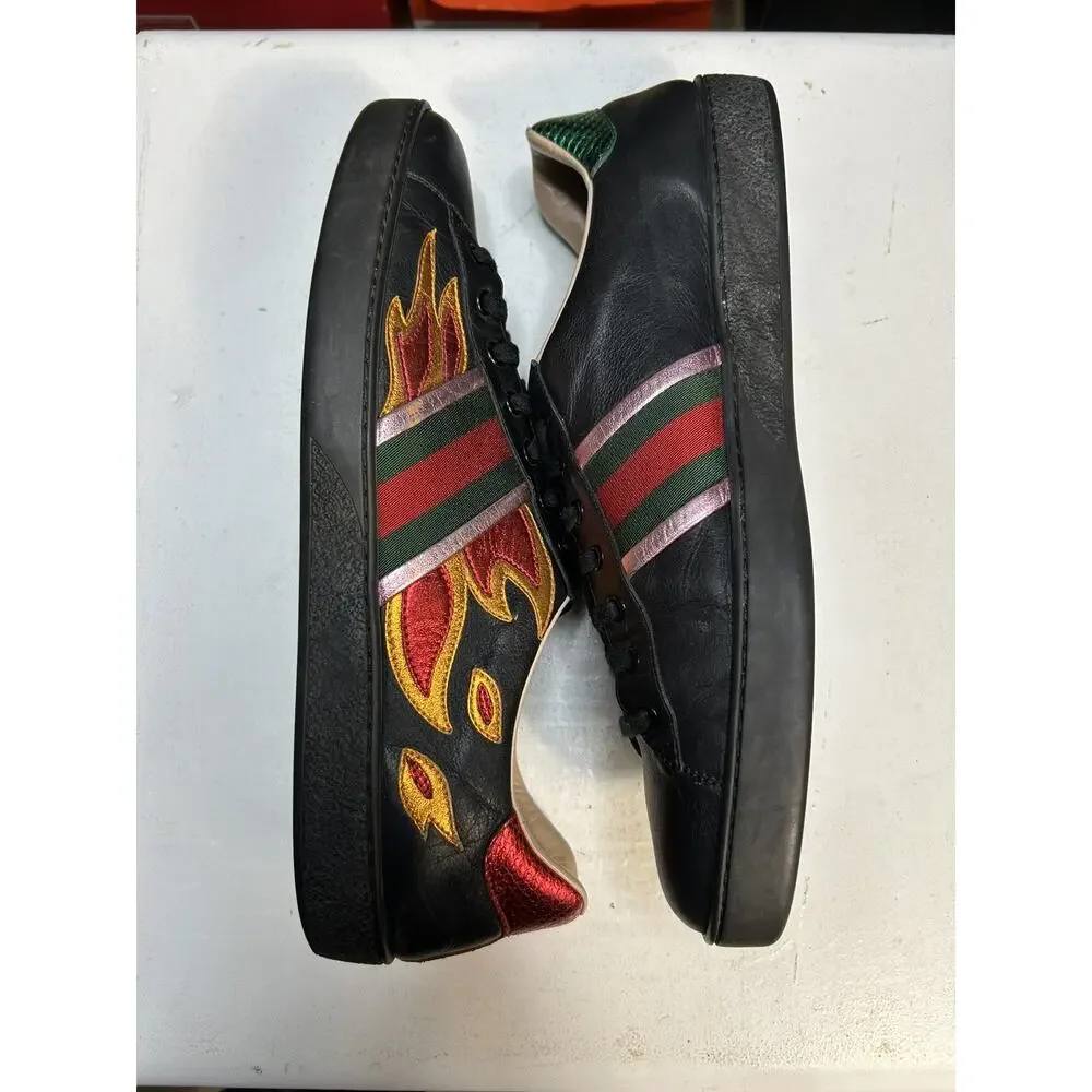 Gucci Ace Flame Black Leather Sneakers Size 11G / 11.5 US Mens